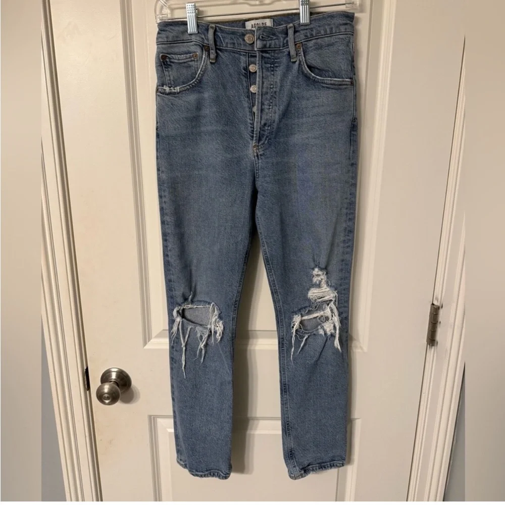 AGOLDE Riley 90s High Rise Straight Crop Distressed Button Fly Jeans size 27 EUC - Picture 3 of 5